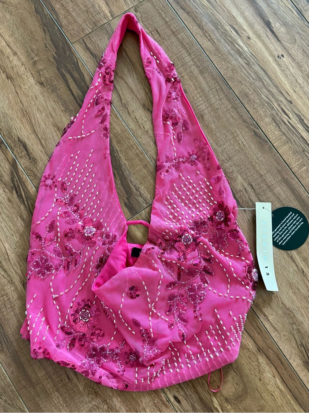 Studio Hot Pink Sequin Floral Halter Bandeau Top